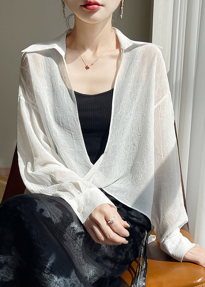 White Sequins Oversized Fall Blouse Peter Pan Collar