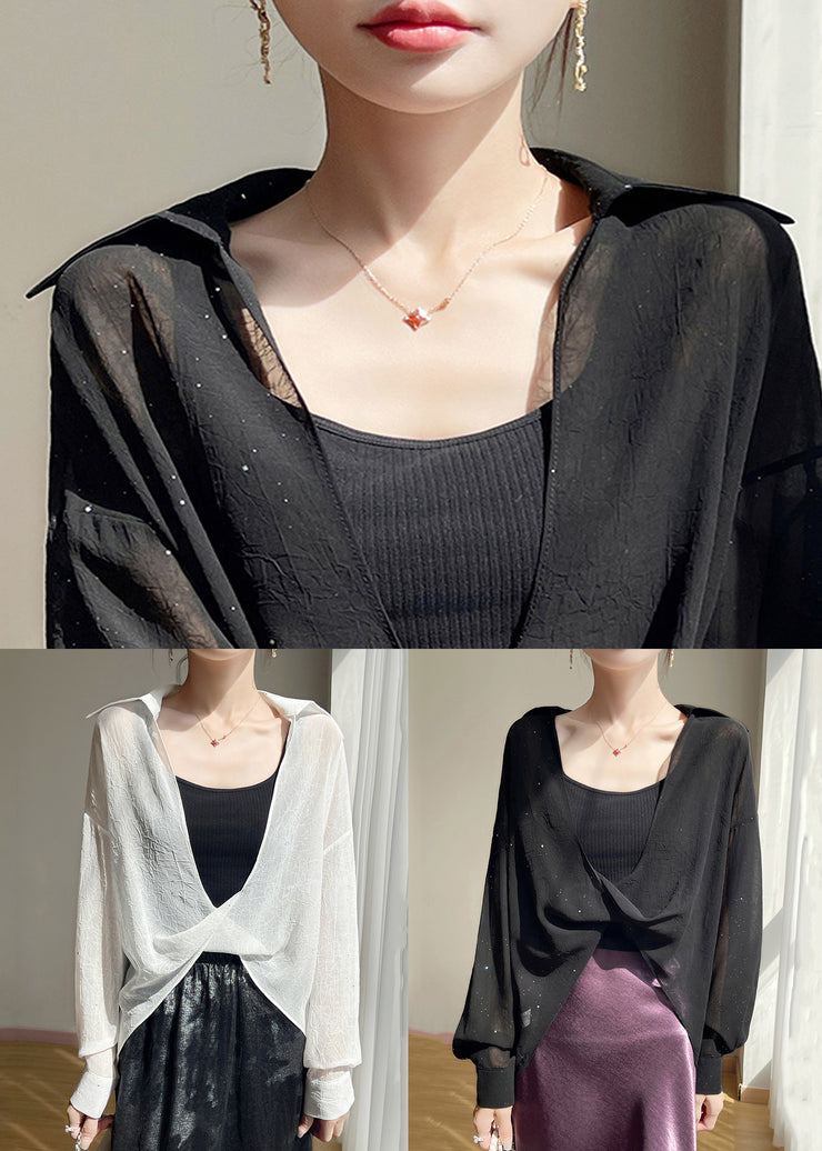 White Sequins Oversized Fall Blouse Peter Pan Collar