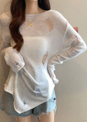 White Side Open Solid Knit Spring Sweater Hollow Out