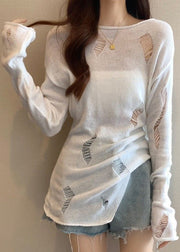 White Side Open Solid Knit Spring Sweater Hollow Out
