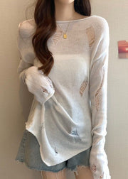 White Side Open Solid Knit Spring Sweater Hollow Out