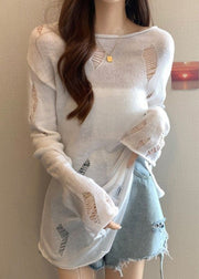 White Side Open Solid Knit Spring Sweater Hollow Out
