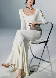 White Solid Cotton Fall Fishtail Dresses O Neck