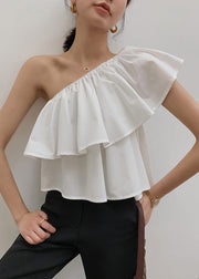 White Solid Cotton Shirts Cold Shoulder Summer