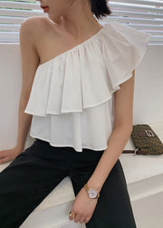 White Solid Cotton Shirts Cold Shoulder Summer
