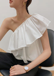 White Solid Cotton Shirts Cold Shoulder Summer