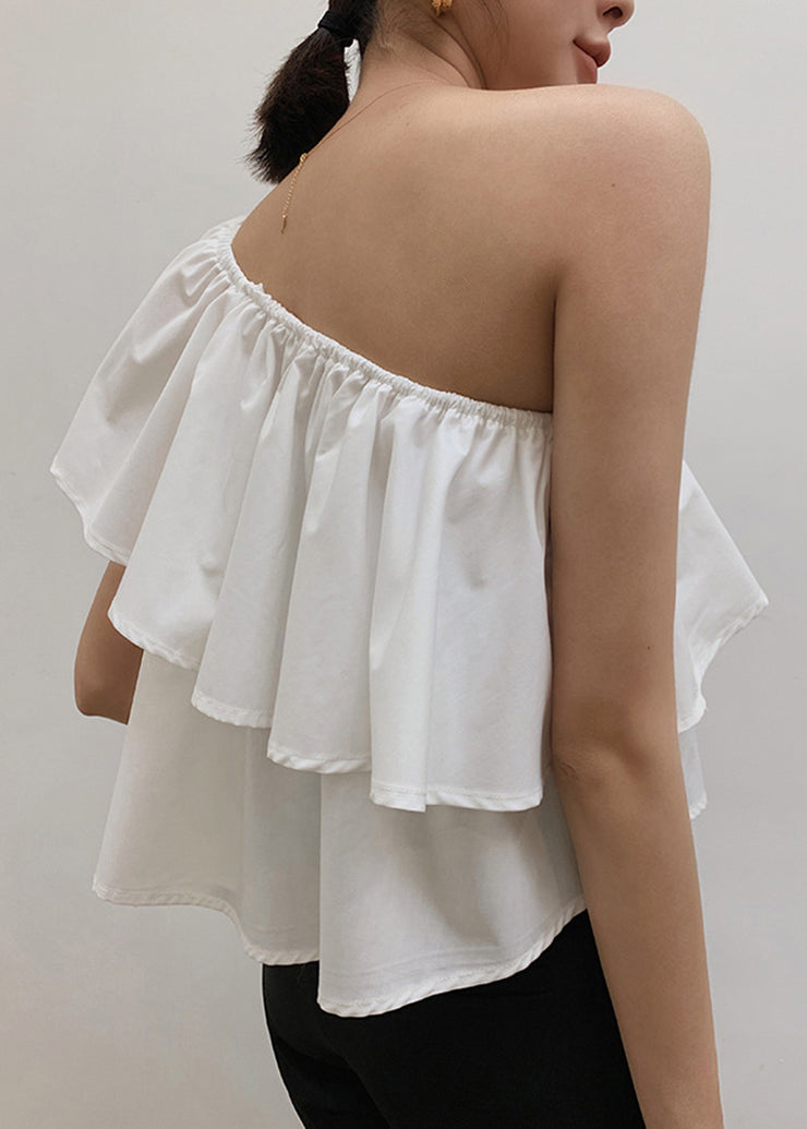 White Solid Cotton Shirts Cold Shoulder Summer