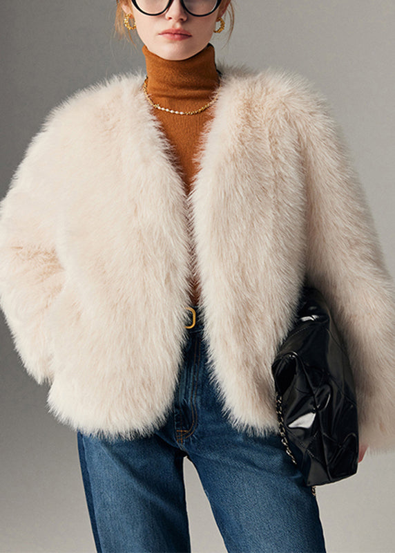 White Solid Cozy Leather And Fur Coats Long Sleeve