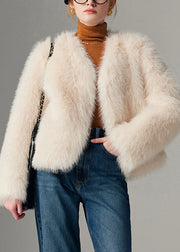 White Solid Cozy Leather And Fur Coats Long Sleeve