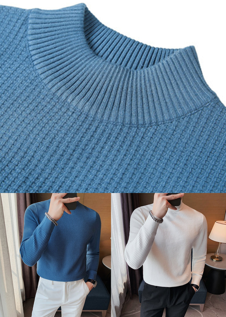 White Solid Knit Sweater Men Fall Turtleneck