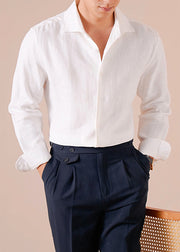White Solid Linen Fall Men Shirts Peter Pan Collar