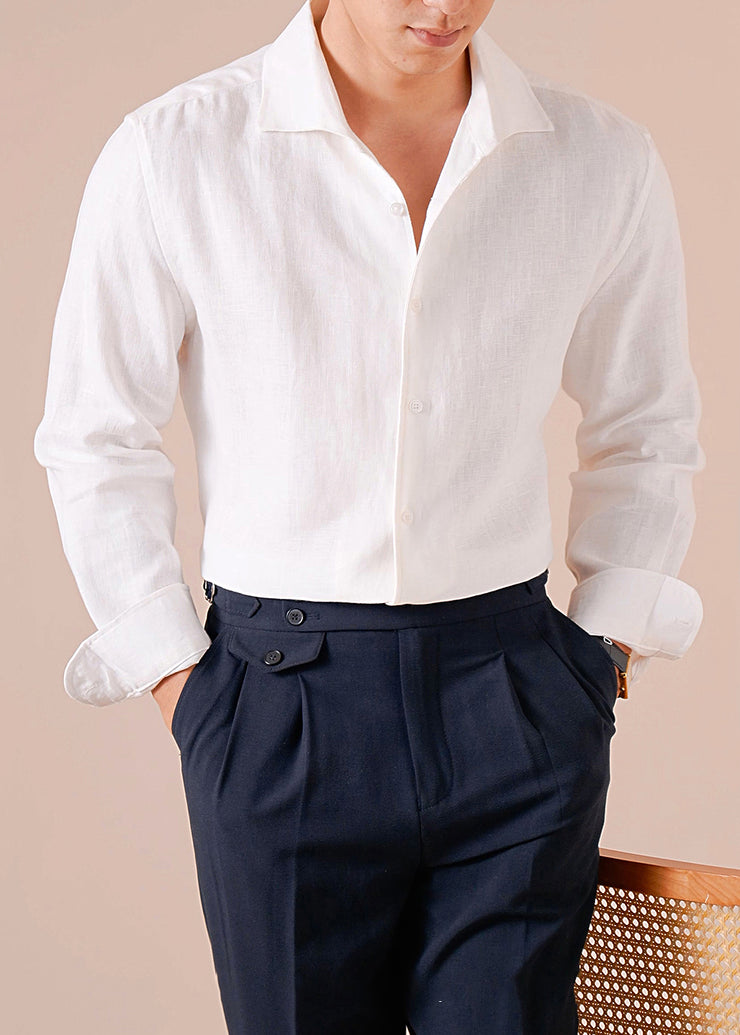 White Solid Linen Fall Men Shirts Peter Pan Collar
