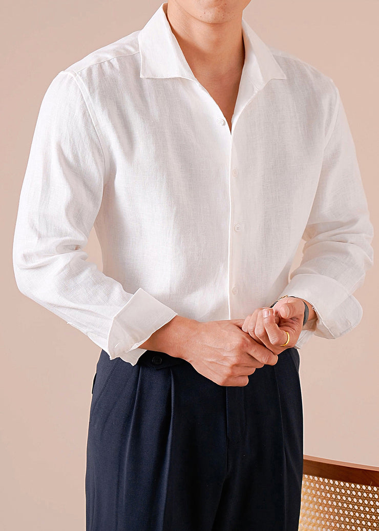 White Solid Linen Fall Men Shirts Peter Pan Collar