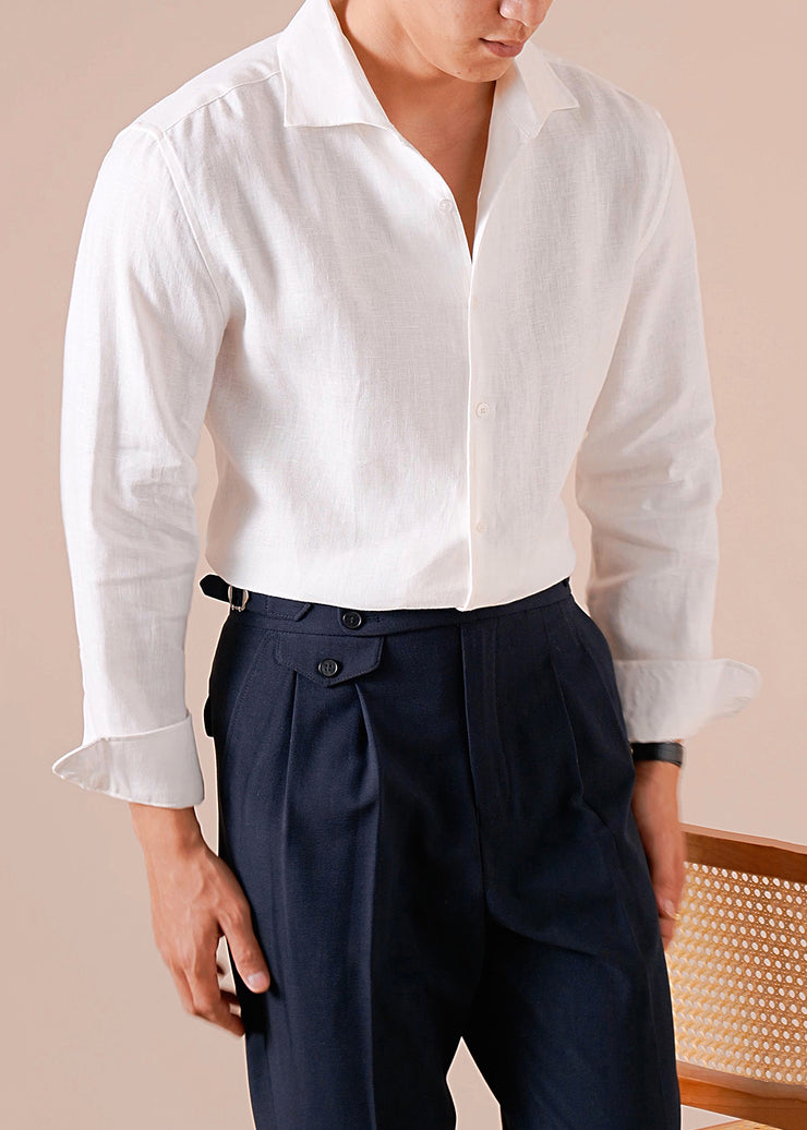 White Solid Linen Fall Men Shirts Peter Pan Collar