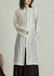 White Stand Collar Organza Maxi Shirt Fall