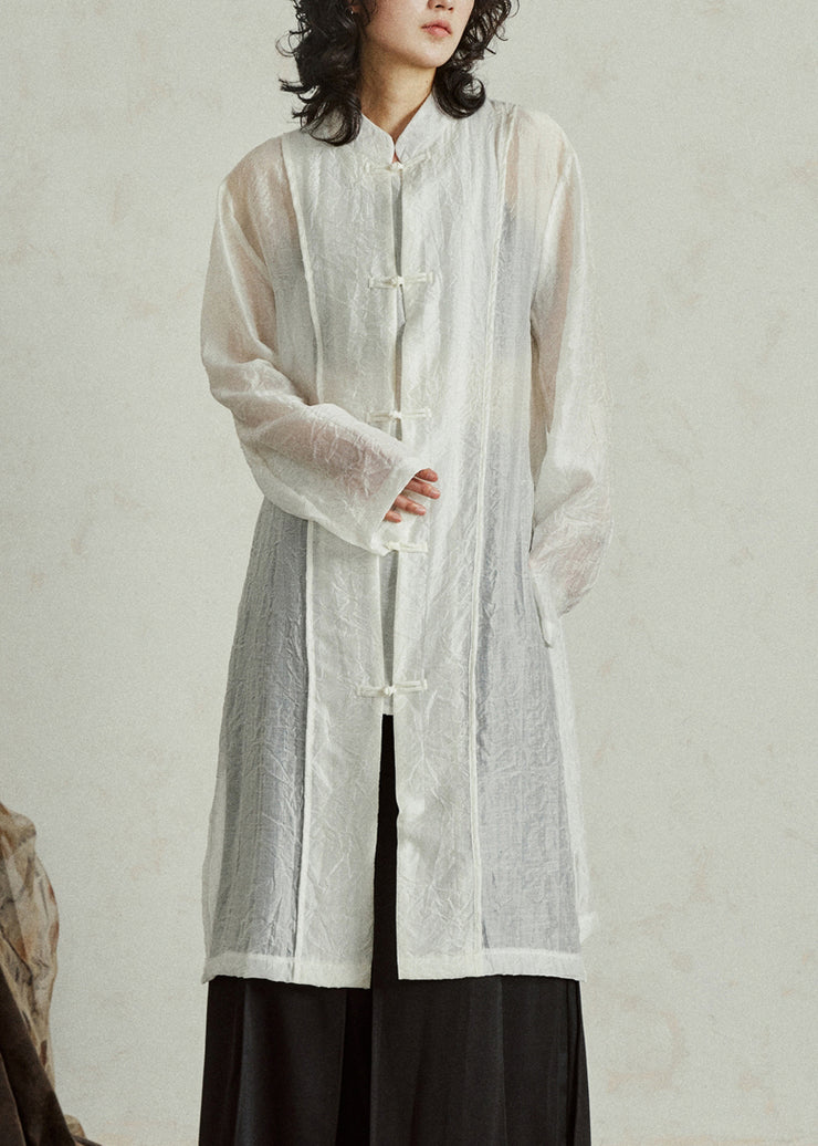 White Stand Collar Organza Maxi Shirt Fall
