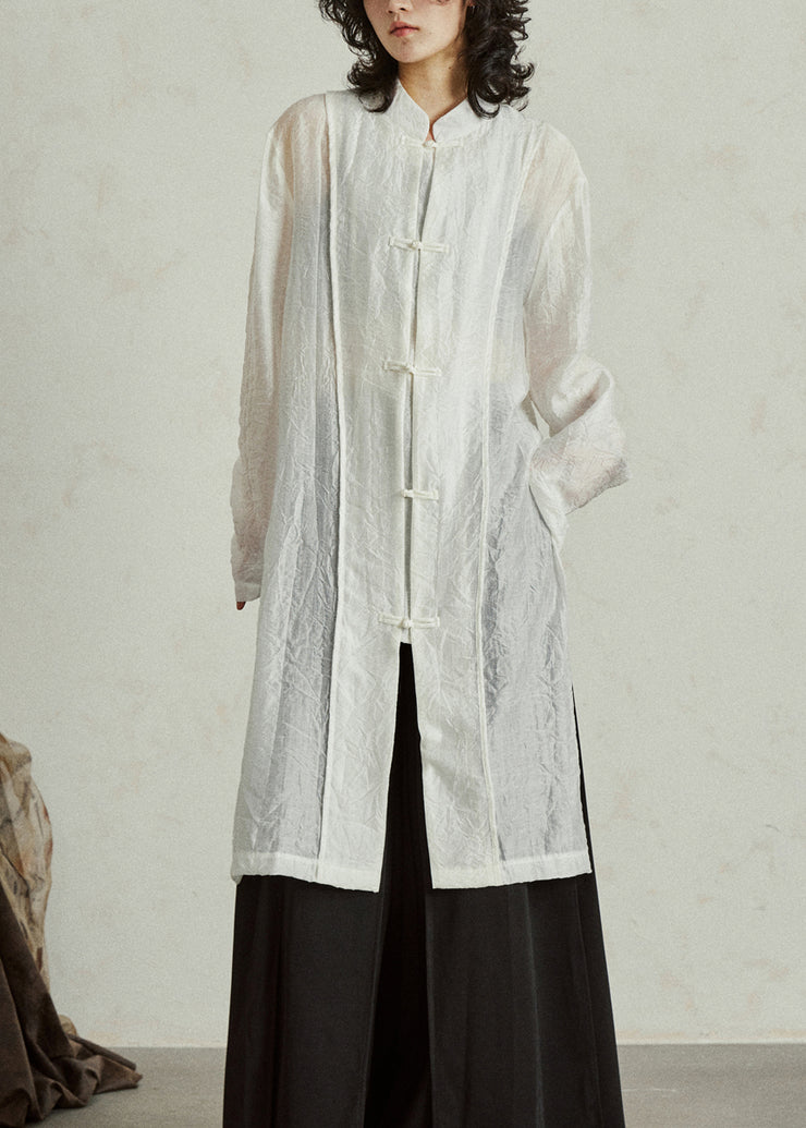 White Stand Collar Organza Maxi Shirt Fall
