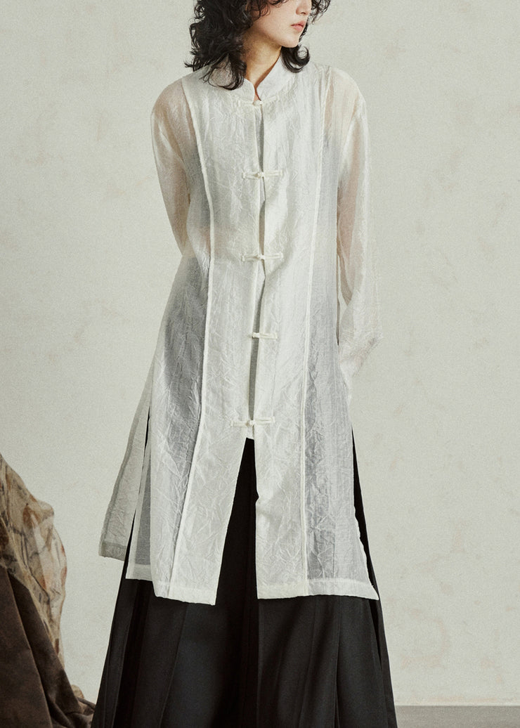 White Stand Collar Organza Maxi Shirt Fall