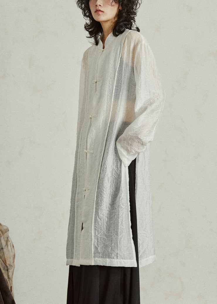 White Stand Collar Organza Maxi Shirt Fall