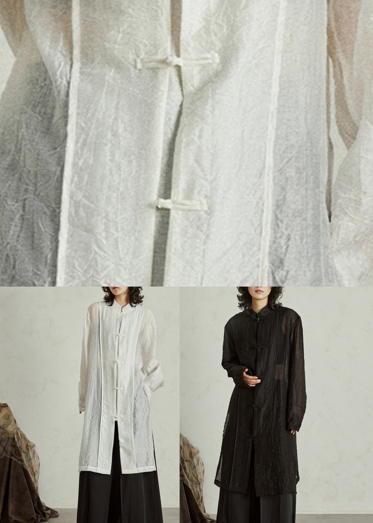 White Stand Collar Organza Maxi Shirt Fall