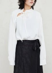 White Stand Collar Patchwork Solid Shirts Fall