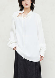 White Stand Collar Patchwork Solid Shirts Fall