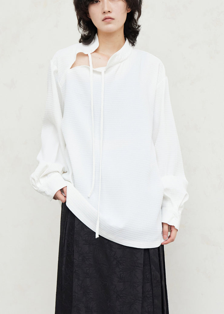 White Stand Collar Patchwork Solid Shirts Fall