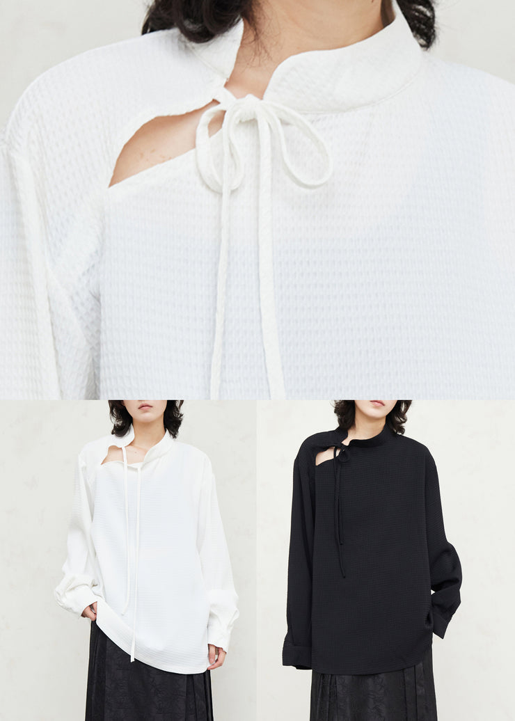 White Stand Collar Patchwork Solid Shirts Fall