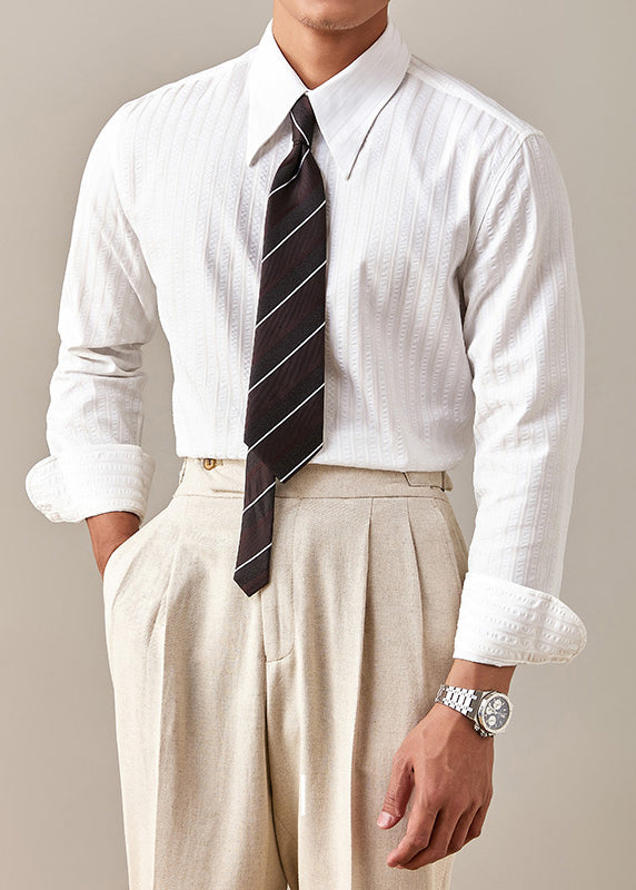White Striped Button Cotton Fall Mens Shirts Peter Pan Collar