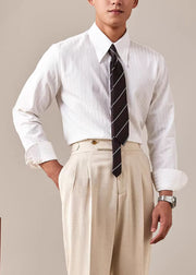 White Striped Button Cotton Fall Mens Shirts Peter Pan Collar