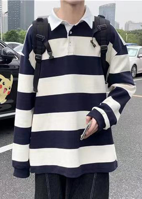 White Striped Button Cotton Mens Polo Shirts Spring