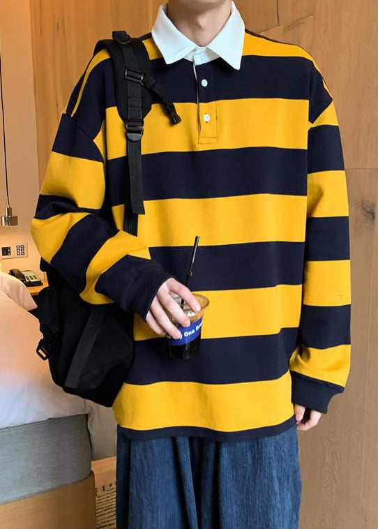 White Striped Button Cotton Mens Polo Shirts Spring