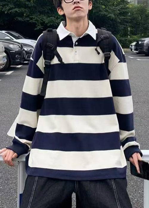White Striped Button Cotton Mens Polo Shirts Spring