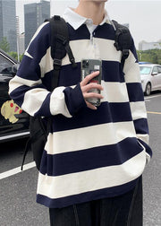 White Striped Button Cotton Mens Polo Shirts Spring