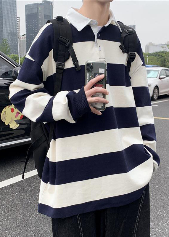 White Striped Button Cotton Mens Polo Shirts Spring