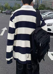 White Striped Button Cotton Mens Polo Shirts Spring