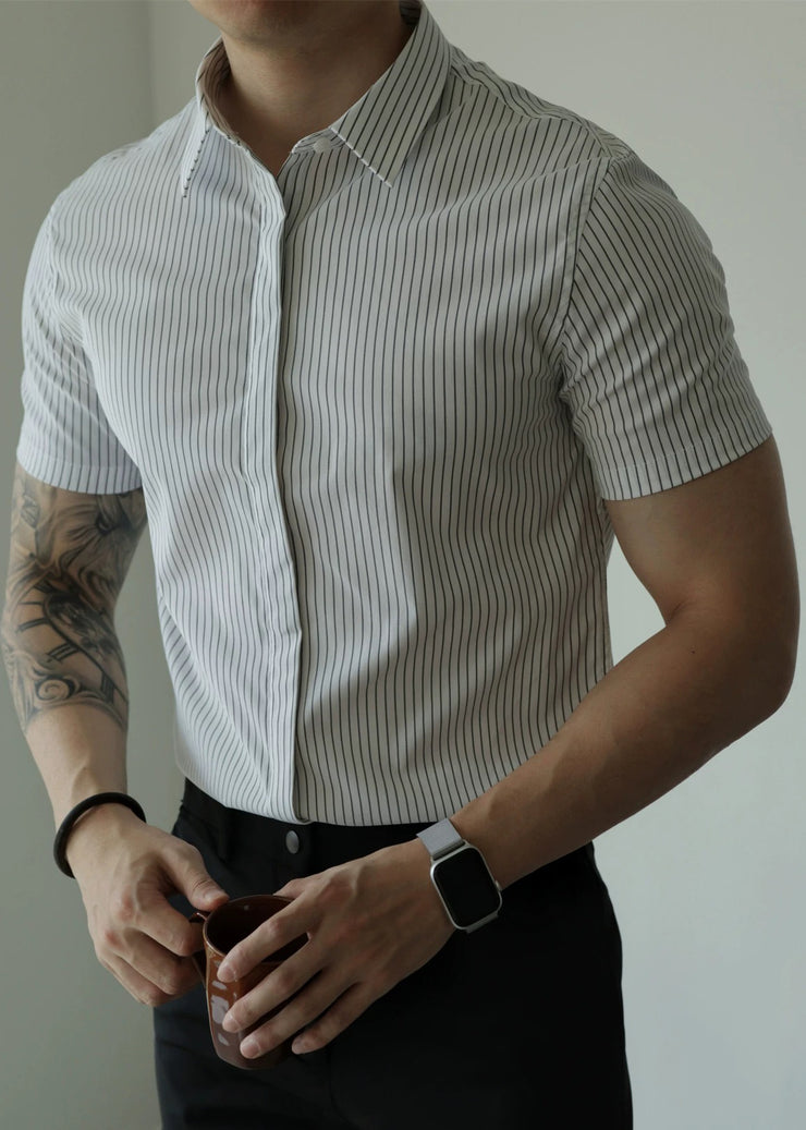 White Striped Button Cotton Summer Mens Shirts Peter Pan Collar