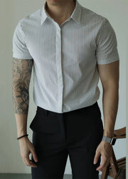 White Striped Button Cotton Summer Mens Shirts Peter Pan Collar