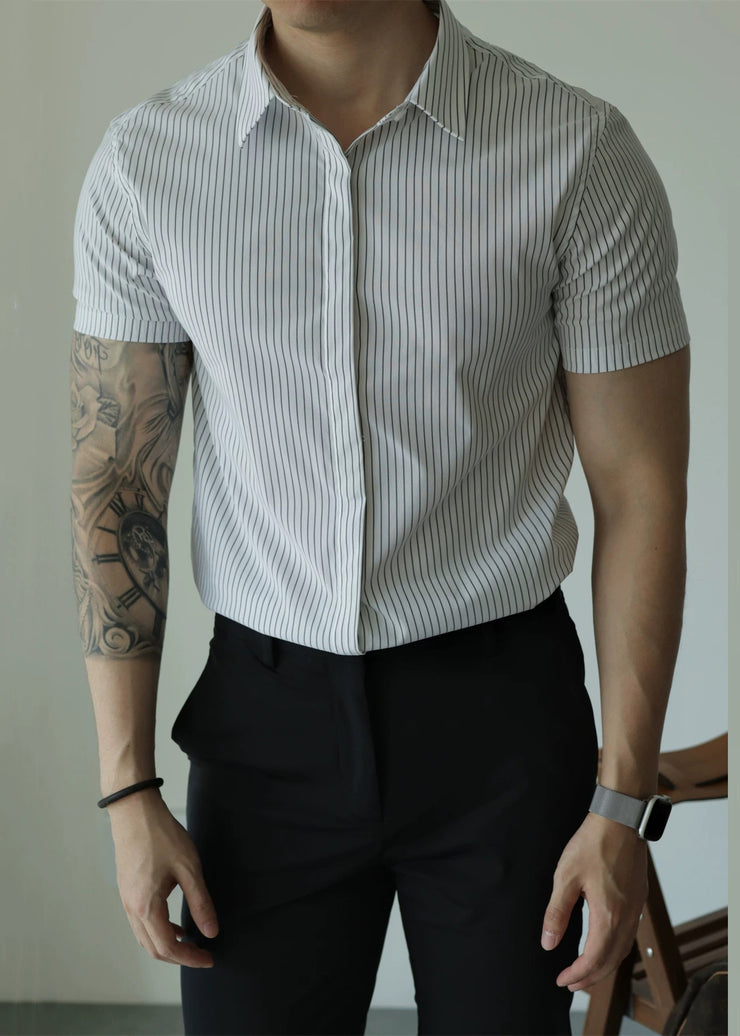 White Striped Button Cotton Summer Mens Shirts Peter Pan Collar