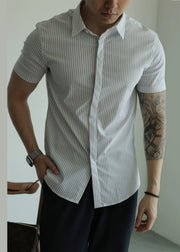 White Striped Button Cotton Summer Mens Shirts Peter Pan Collar