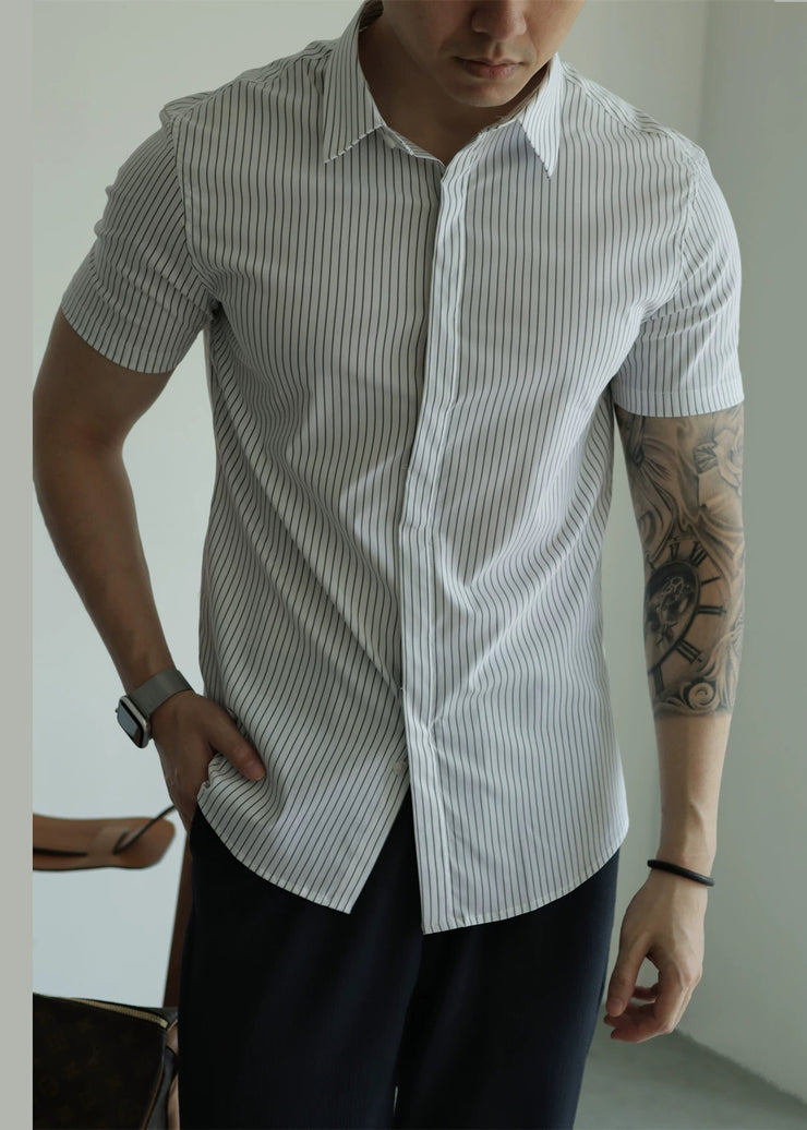 White Striped Button Cotton Summer Mens Shirts Peter Pan Collar