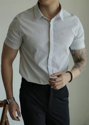 White Striped Button Cotton Summer Mens Shirts Peter Pan Collar