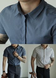 White Striped Button Cotton Summer Mens Shirts Peter Pan Collar