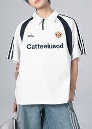 White Striped Button Patchwork Cotton Mens Polo Shirts Summer