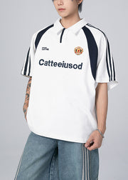 White Striped Button Patchwork Cotton Mens Polo Shirts Summer