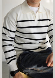 White Striped Cozy Knit Men Sweater Peter Pan Collar