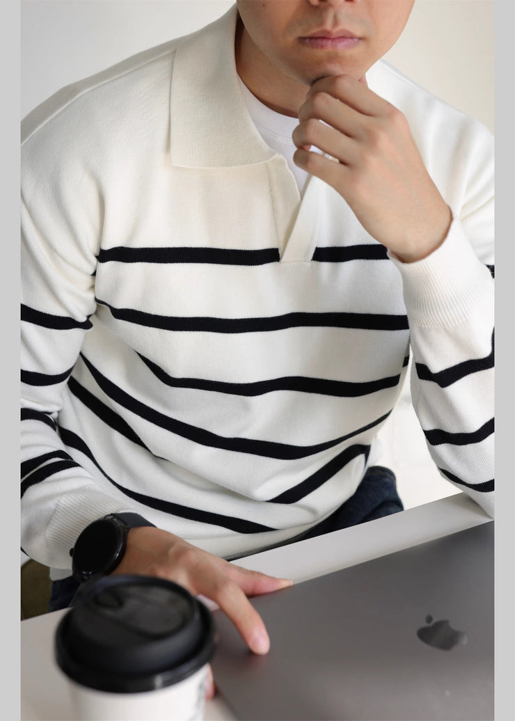 White Striped Cozy Knit Men Sweater Peter Pan Collar