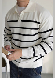 White Striped Cozy Knit Men Sweater Peter Pan Collar