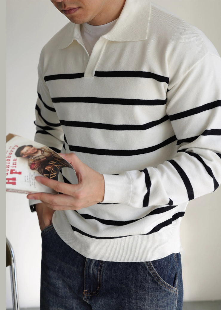 White Striped Cozy Knit Men Sweater Peter Pan Collar