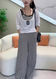 White Striped Pockets Cotton Three Pieces Set Elastic Waist Long Sleeve